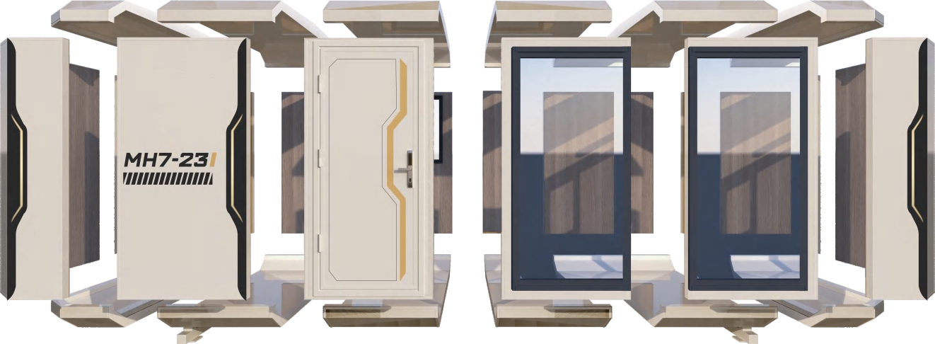 Exploded view of a modular cabin envelope and glazed openings