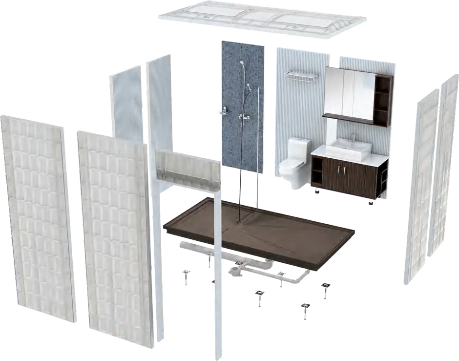 Integrated bathroom components with wall panels and a shower tray